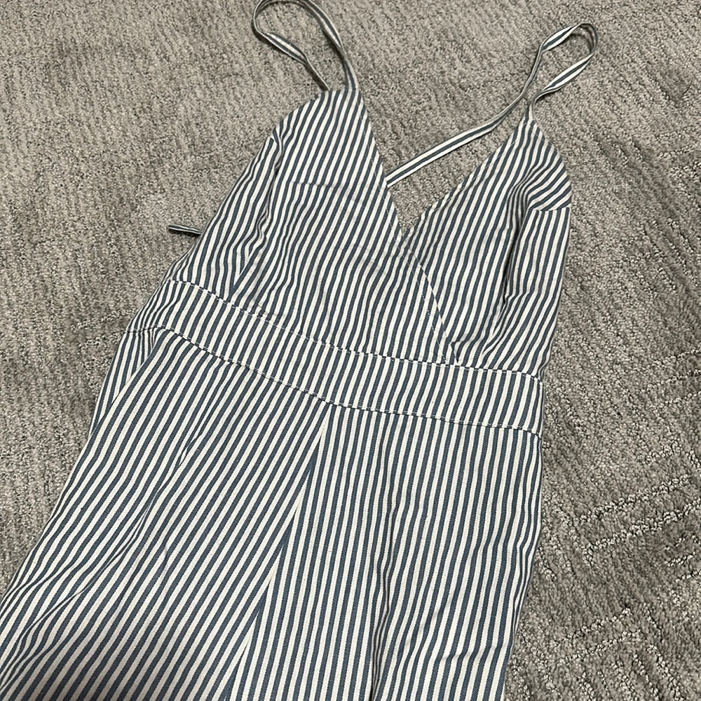 Long legged romper, light blue stripes, straps cute back!